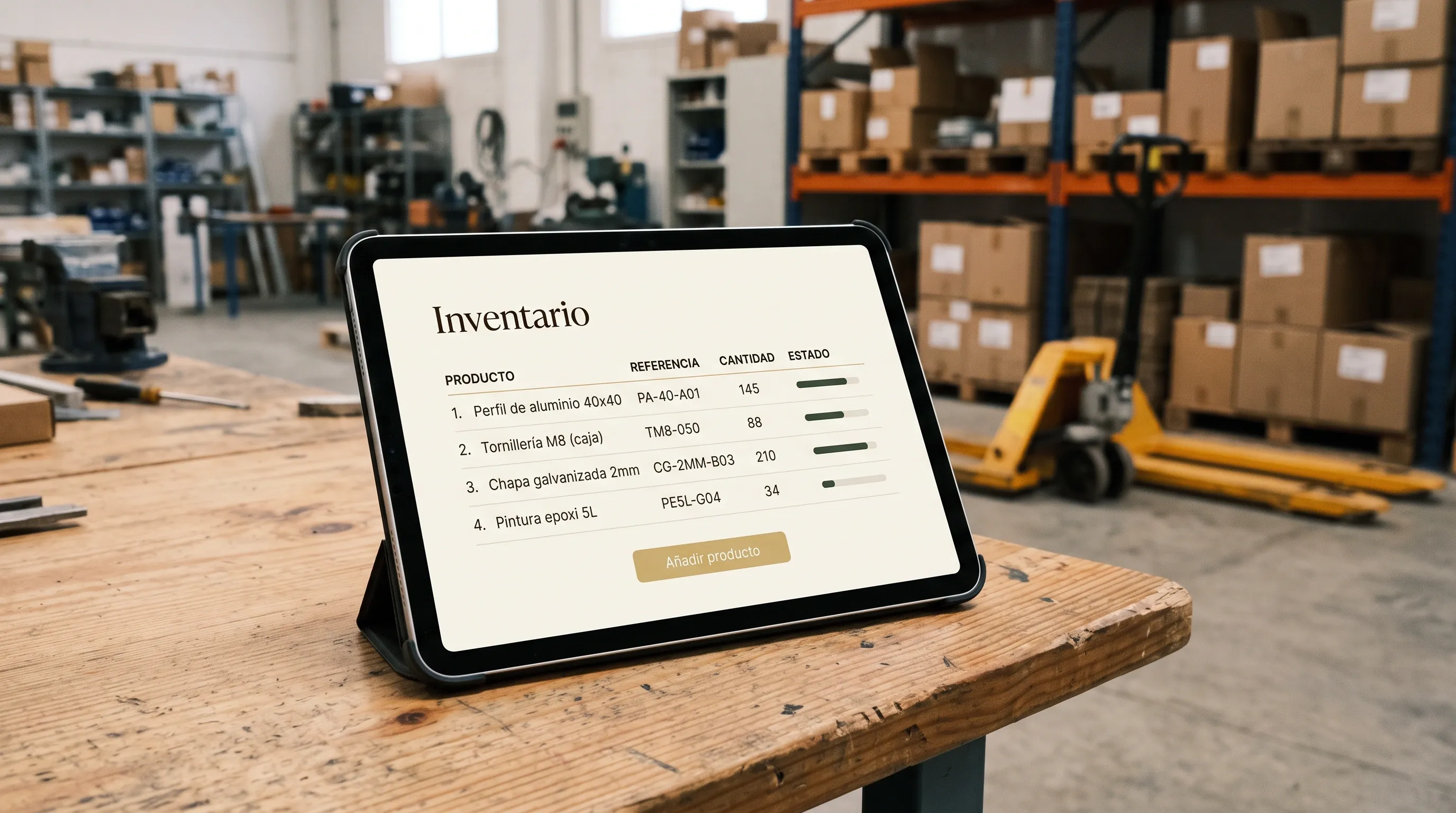 Ejemplo ilustrativo: panel de inventario en una tableta, sobre el banco de trabajo de un taller